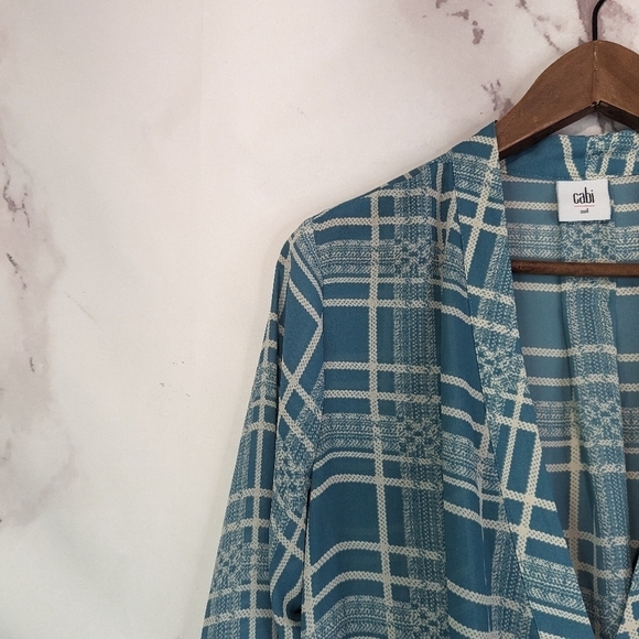 CAbi Blouse Blue Medium 3068 Windowpane Plaid Surplice Faux Wrap Top Long Sleeve - Picture 2 of 11